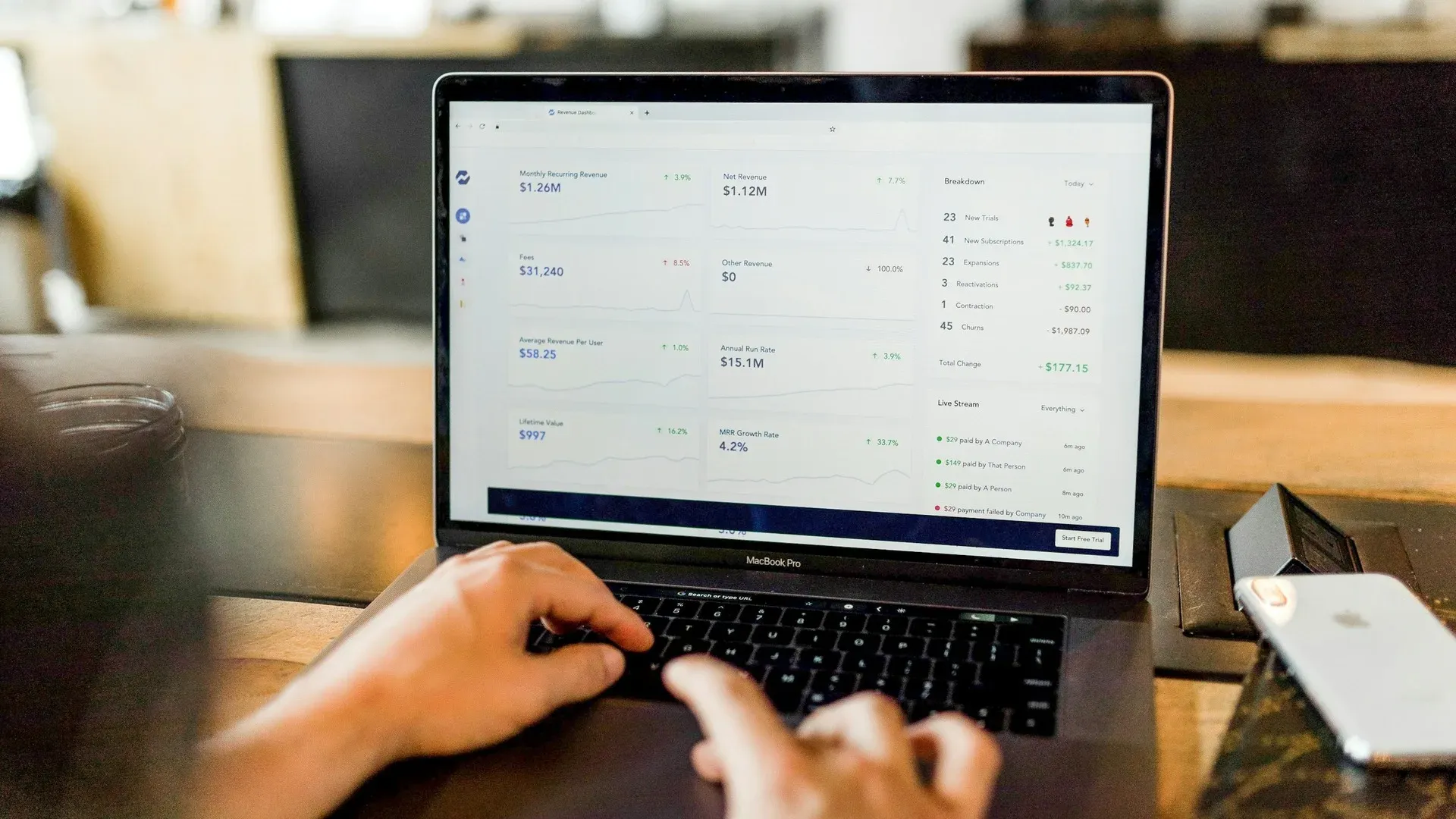 Close-up of two hands typing on a laptop keyboard showing a financial revenue dashboard with dollar figures, in a cafe setting